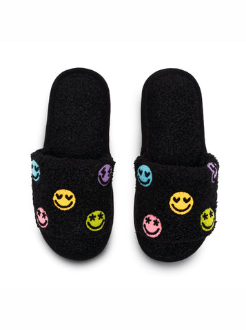 Black Happy All Over Slide Slippers